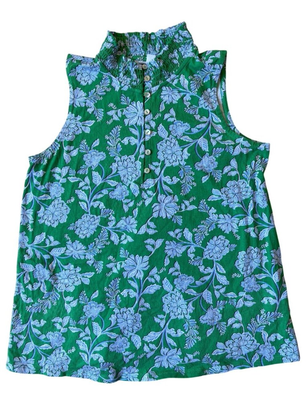J. Jill Smocked Ruffle Mock Button Blouse Women SP Green Floral CottageCore Boho